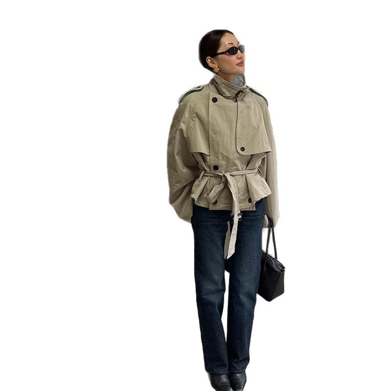 Women's fashionable short jacket with high collar and waist belt NOVAE