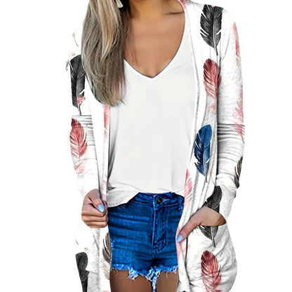 Women's long cardigan with floral pattern and practical pockets NOVAE