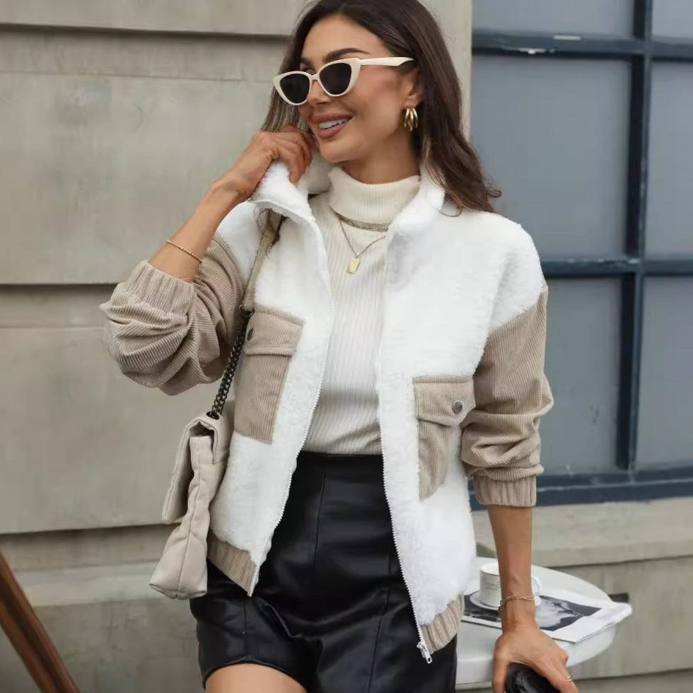 Women's fleece jacket with hood and fashionable corduroy detail NOVAE