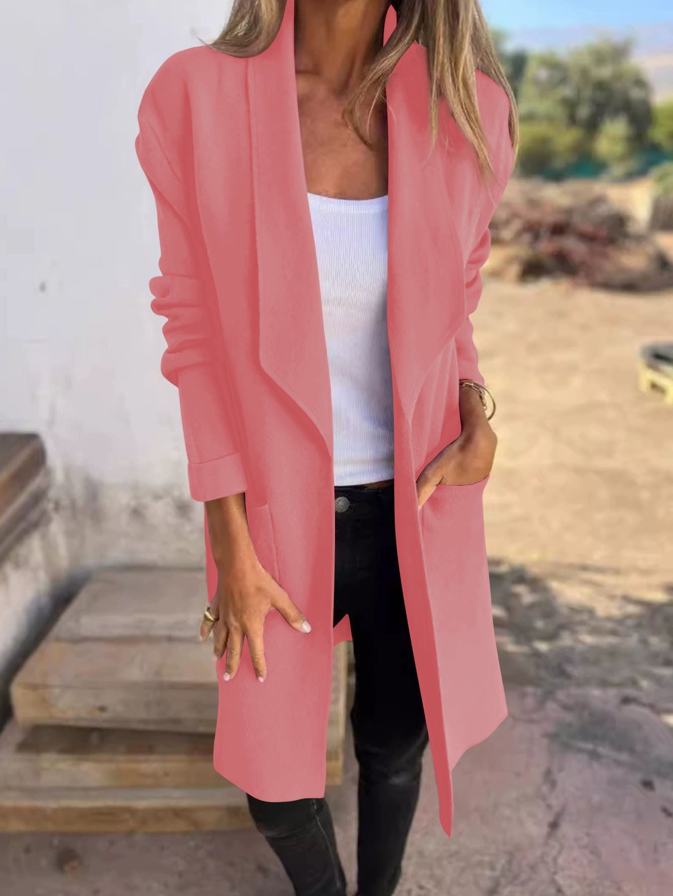 Women's casual long jacket with open cut and practical pockets NOVAE