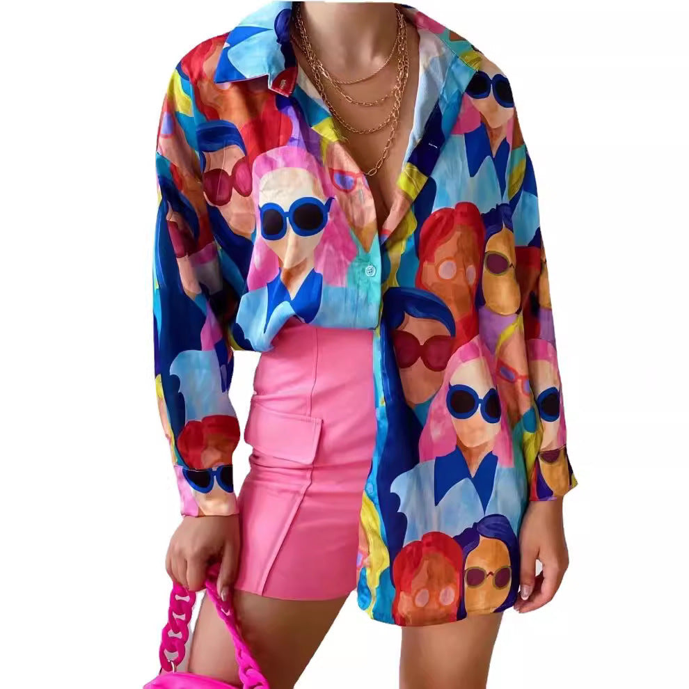 Women's Transparent Blouse with Colorful Graphic Design and Oversized Cut NOVAE