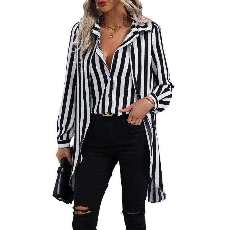 Women's long-sleeved shirt blouse in a modern striped look with an asymmetrical cut NOVAE