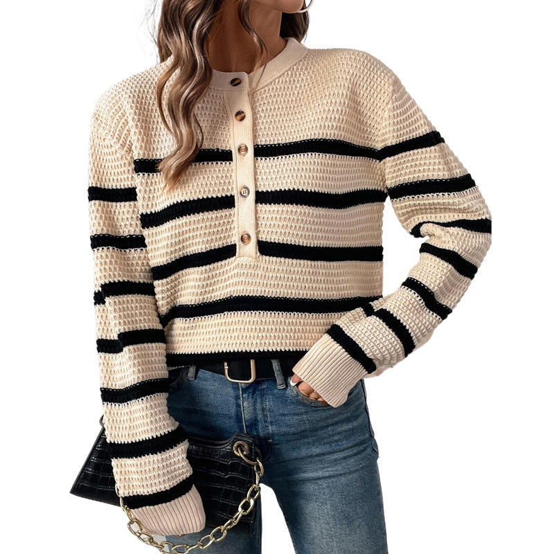Women's striped sweater with button placket in textured wool NOVAE