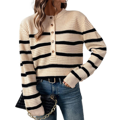 Women's striped sweater with button placket in textured wool NOVAE