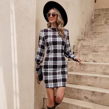 Women's figure-hugging plaid dress with high neckline and puff sleeves NOVAE