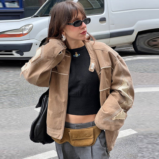 Women's fashionable vintage-style jacket with artistic decorative stitching and a worn effect NOVAE