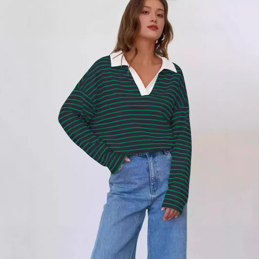 Women's striped polo shirt with V-neck and contrasting collar NOVAE