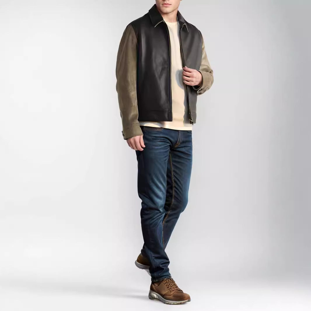 Men's fashionable leather jacket with corduroy details and practical zip pockets NOVAE