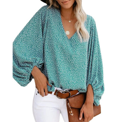 Women's blouse with wide puff sleeves and elegant V-neck NOVAE