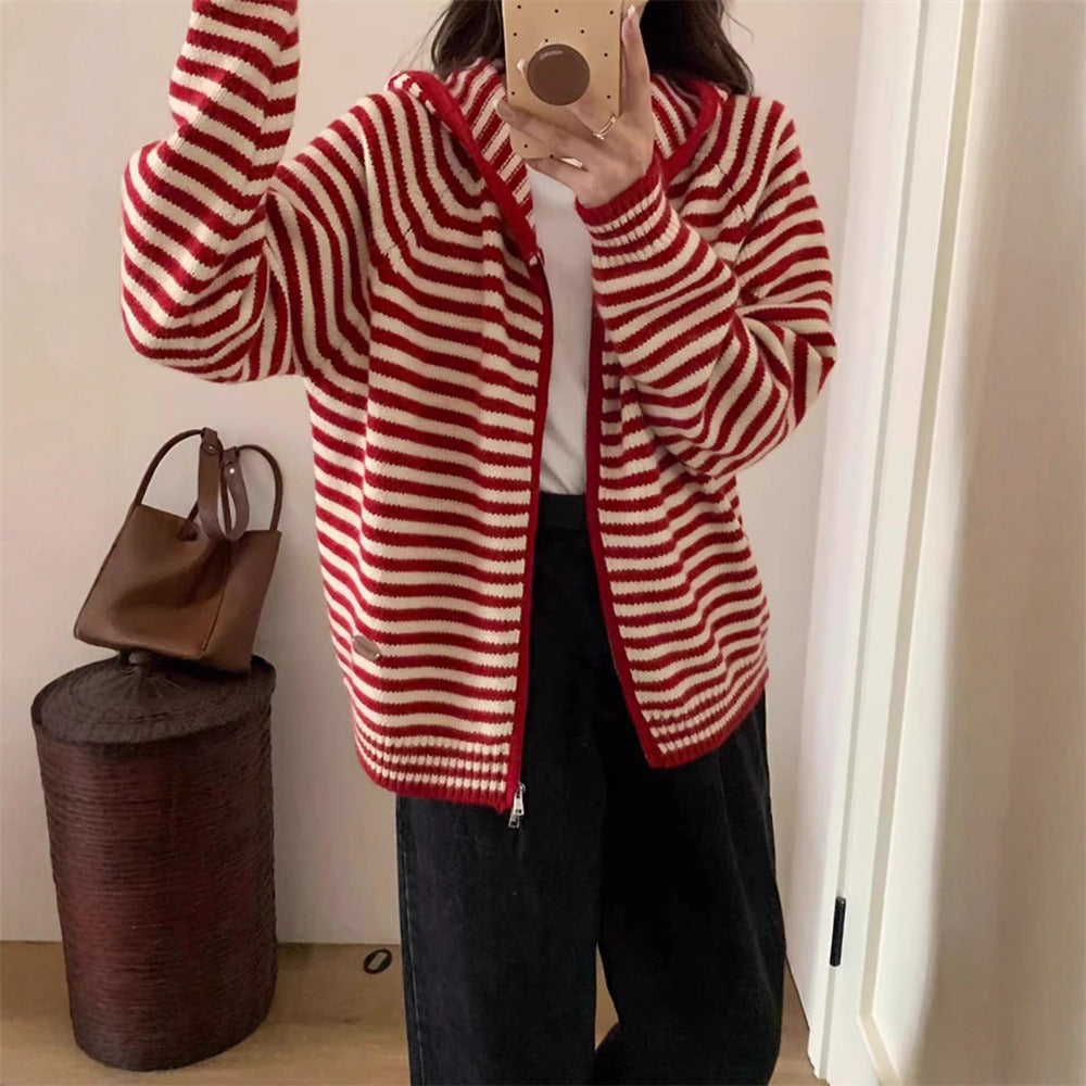 Women's striped hooded jacket with practical zipper and side pockets NOVAE
