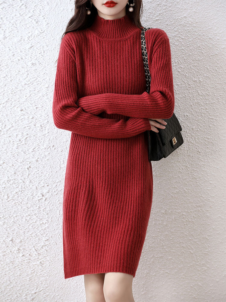 Women's knitted dress in an elegant ribbed design with a high collar NOVAE