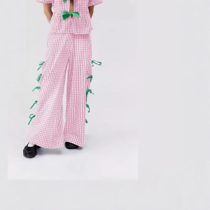 Women's wide-leg checked trousers with decorative lacing details NOVAE