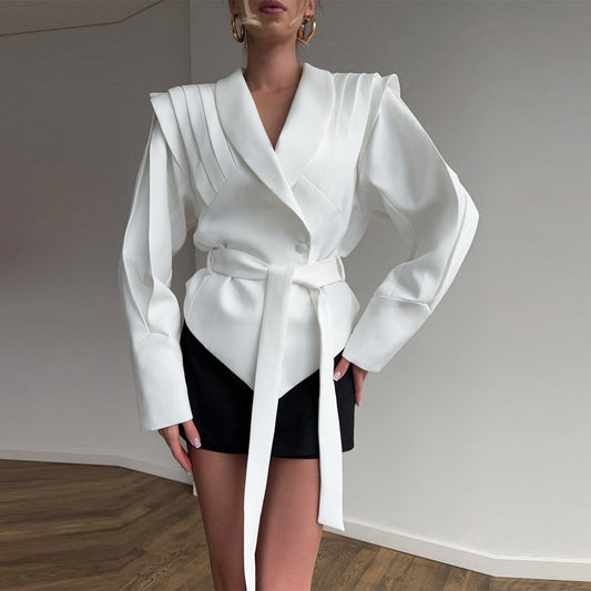 Women's couture blazer with elegant collar and waist belt NOVAE