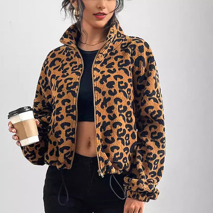 Women's Plush Short Jacket in Leopard Print with High Collar NOVAE