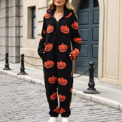 Women's Cozy Halloween Jumpsuit with Hood and Snuggly Fleece NOVAE