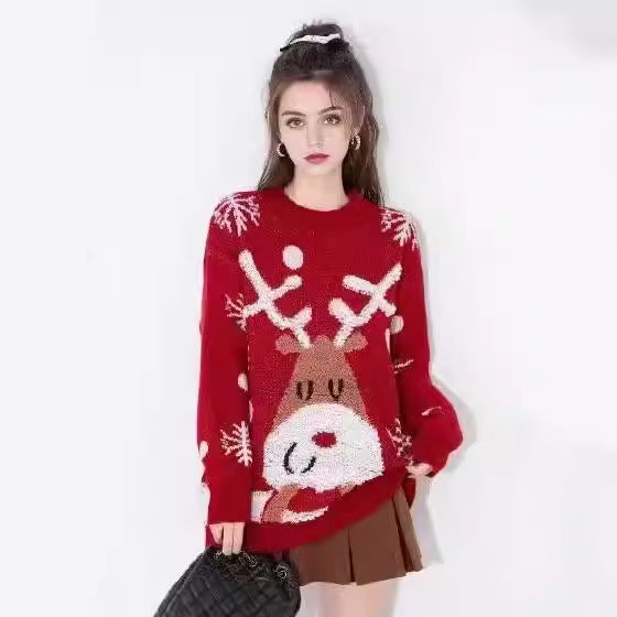 Women's festive knit sweater with reindeer motif and snowflakes NOVAE