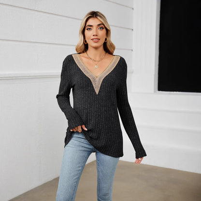 Women's V-neck knit sweater with romantic lace NOVAE
