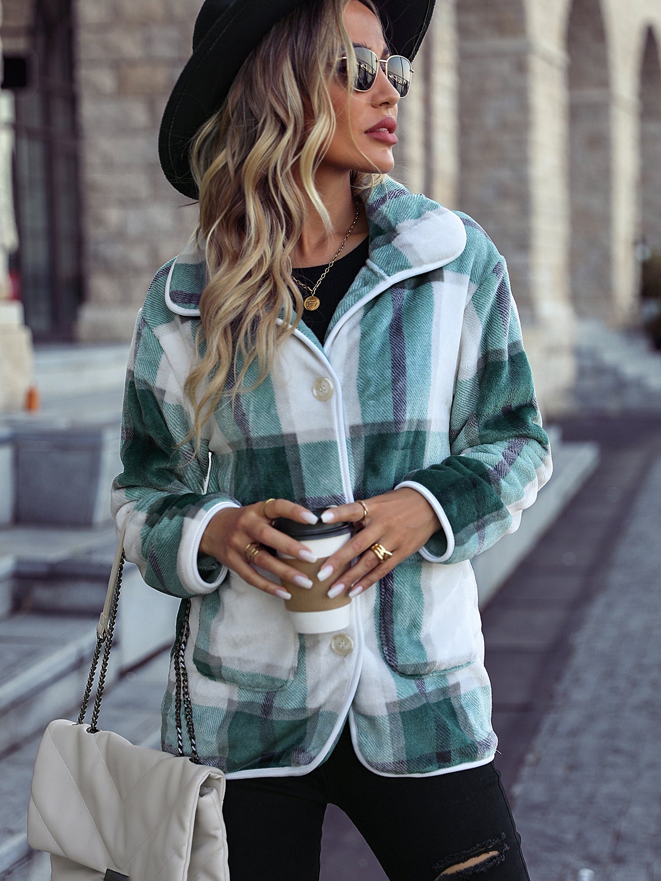 Women's soft plaid coat with modern button details NOVAE