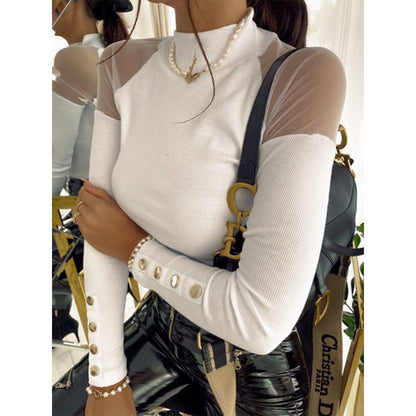 Women's long-sleeved shirt with sheer sleeves and button details NOVAE