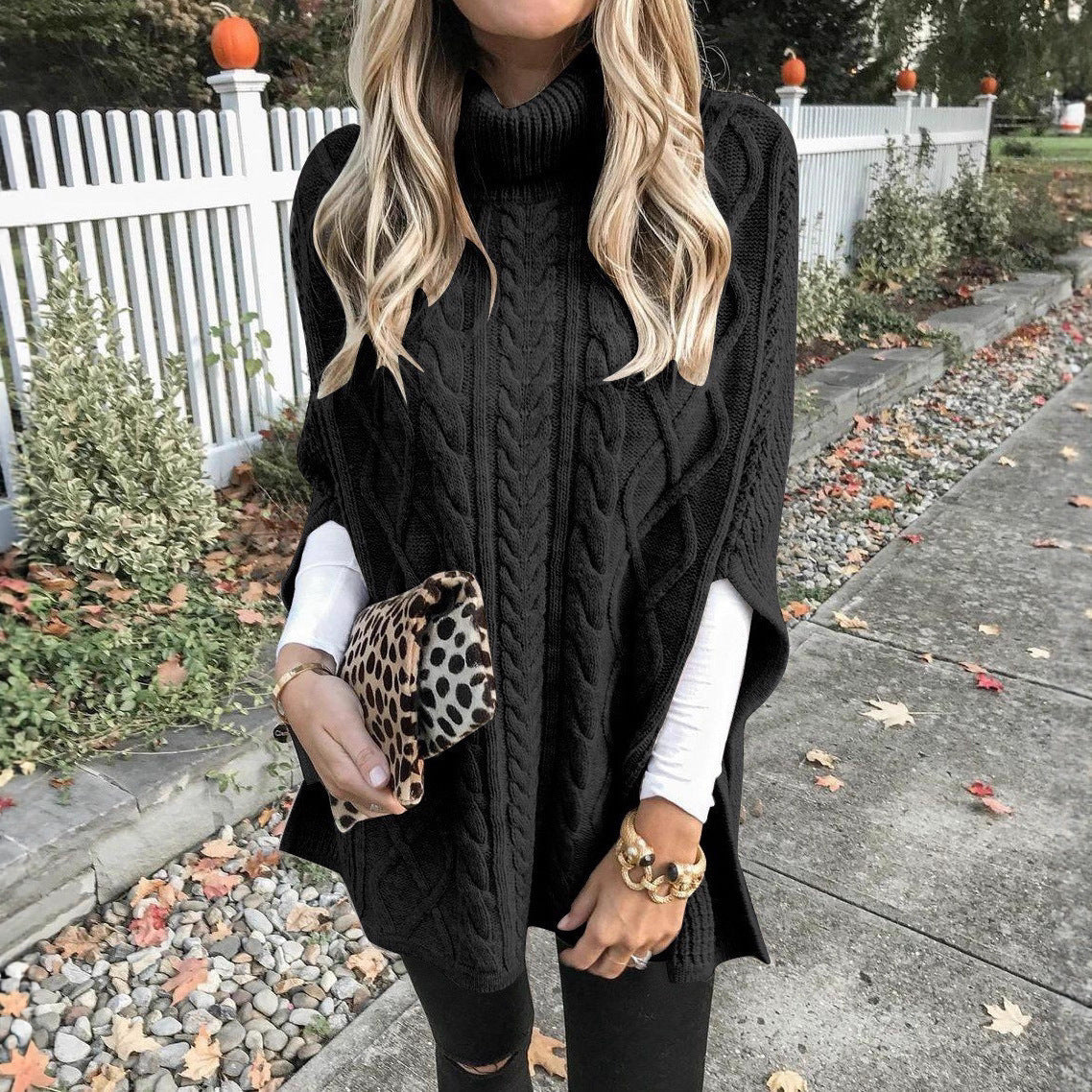 Women's knitted poncho with high collar and decorative cable pattern NOVAE