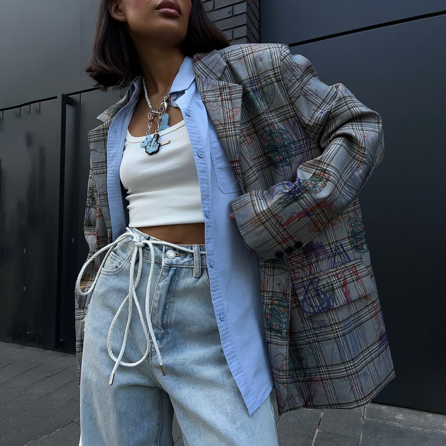 Women's fashionable checked blazer jacket with adjustable belt and creative accents NOVAE