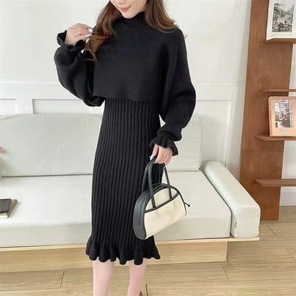 Women's knit dress with high neckline and ribbed texture NOVAE