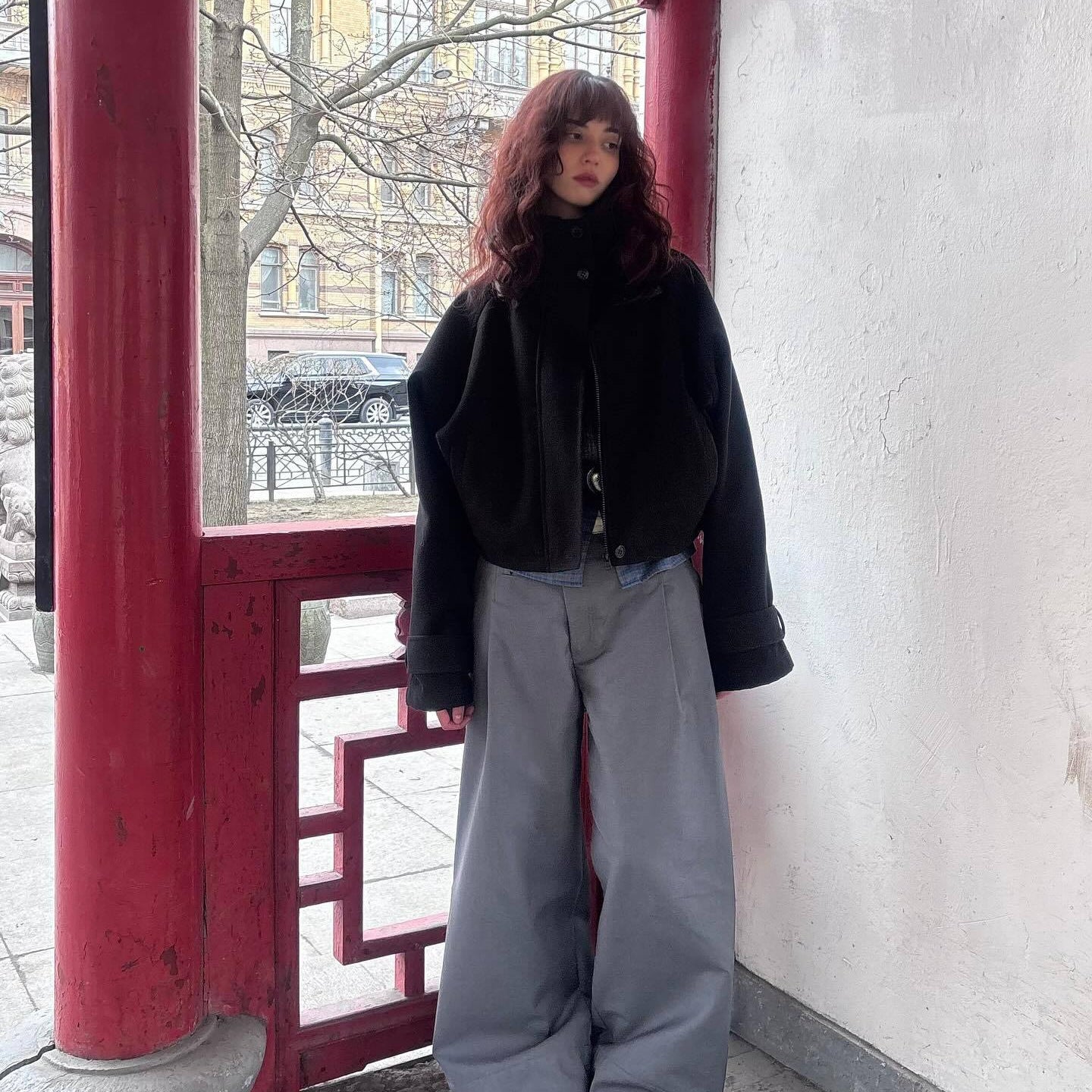 Women's Oversized Wool Jacket with High Collar and Practical Pockets NOVAE