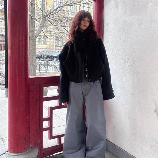 Women's Oversized Wool Jacket with High Collar and Practical Pockets NOVAE