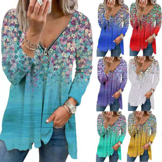 Women's long-sleeved shirt with colorful floral pattern and modern zipper NOVAE