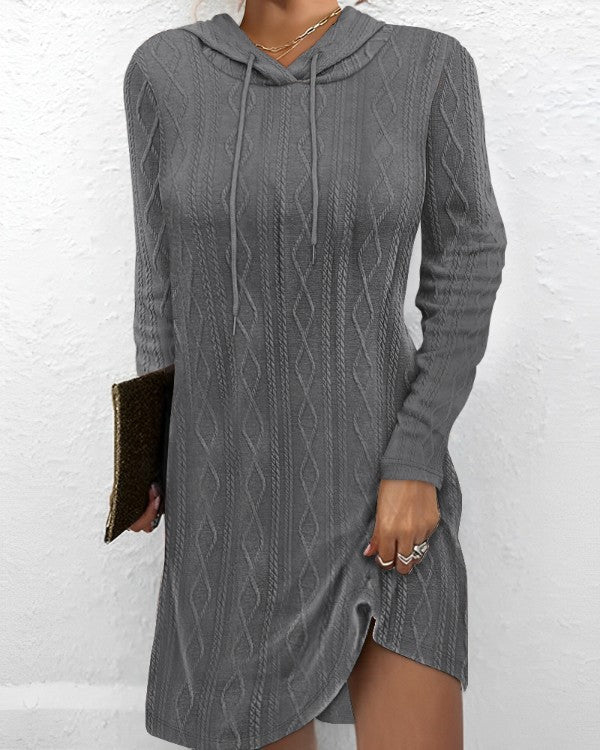 Women's hoodie dress with side slit and cable knit pattern NOVAE
