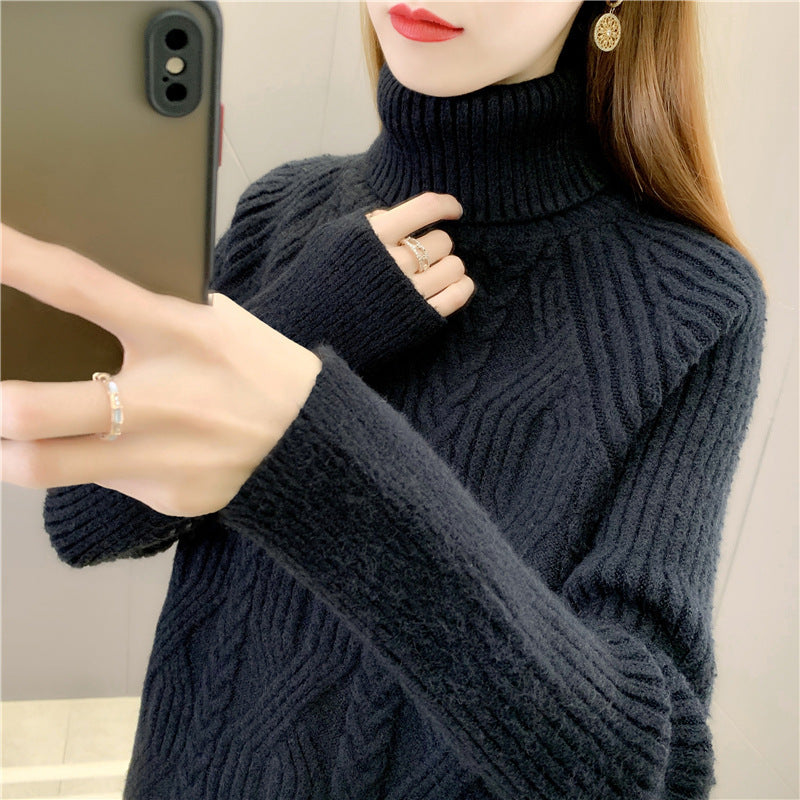 Women's knitted sweater with high collar and fine cable pattern NOVAE