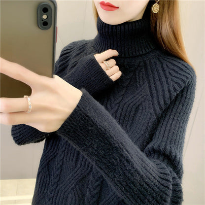 Women's knitted sweater with high collar and fine cable pattern NOVAE