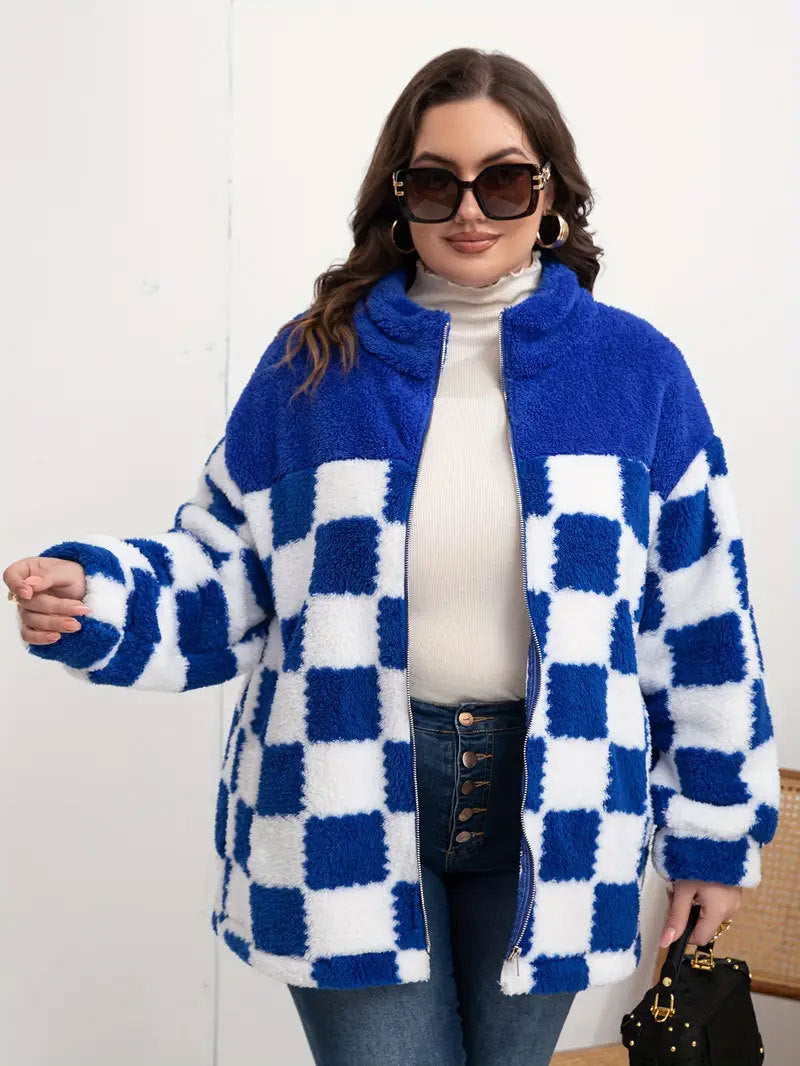 Women's plush jacket with check pattern and high collar NOVAE