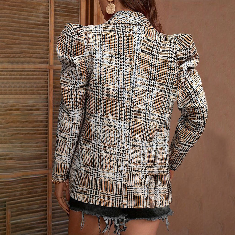 Women's fashionable blazer jacket with puff sleeves and check pattern NOVAE