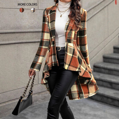 Women's elegant and flowing checked jacket with asymmetrical hem NOVAE