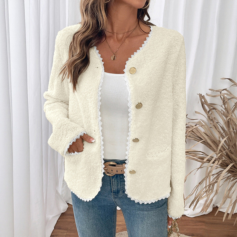 Women's soft teddy jacket with lace trim NOVAE