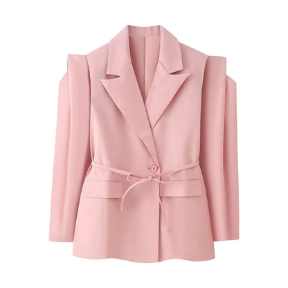 Women's blazer jacket with broad shoulders and adjustable belt NOVAE