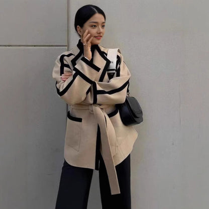 Women's fashionable blazer-kimono with belt and contrasting details NOVAE