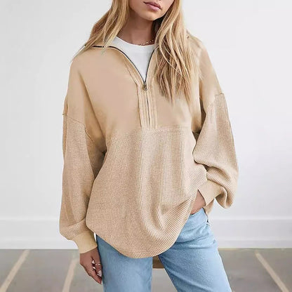 Women's casual hooded sweatshirt with half-length zipper and textured material NOVAE