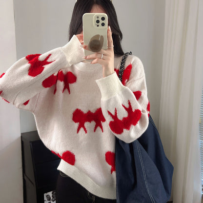 Women's Cozy Knit Sweater with Playful Bow Motif NOVAE