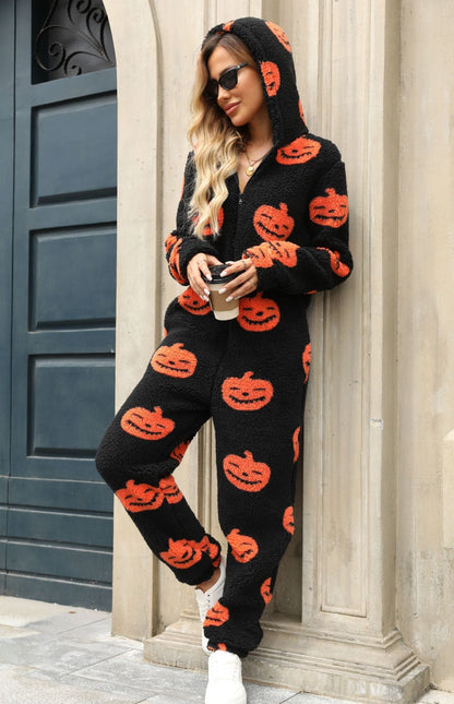Women's Cozy Halloween Jumpsuit with Hood and Snuggly Fleece NOVAE