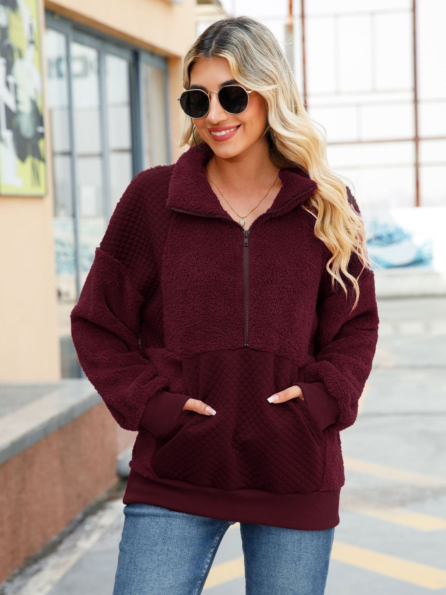 Women's Cozy Zip-Up Sweater with Textured Fleece and Convenient Pockets NOVAE