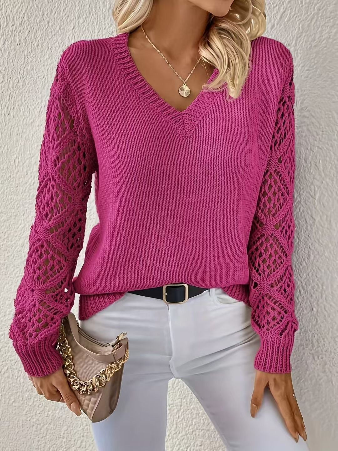 Women's knitted sweater with sophisticated crochet sleeves and V-neck NOVAE
