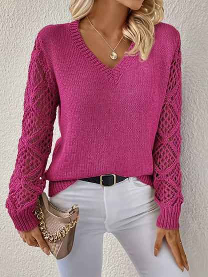 Women's knitted sweater with sophisticated crochet sleeves and V-neck NOVAE