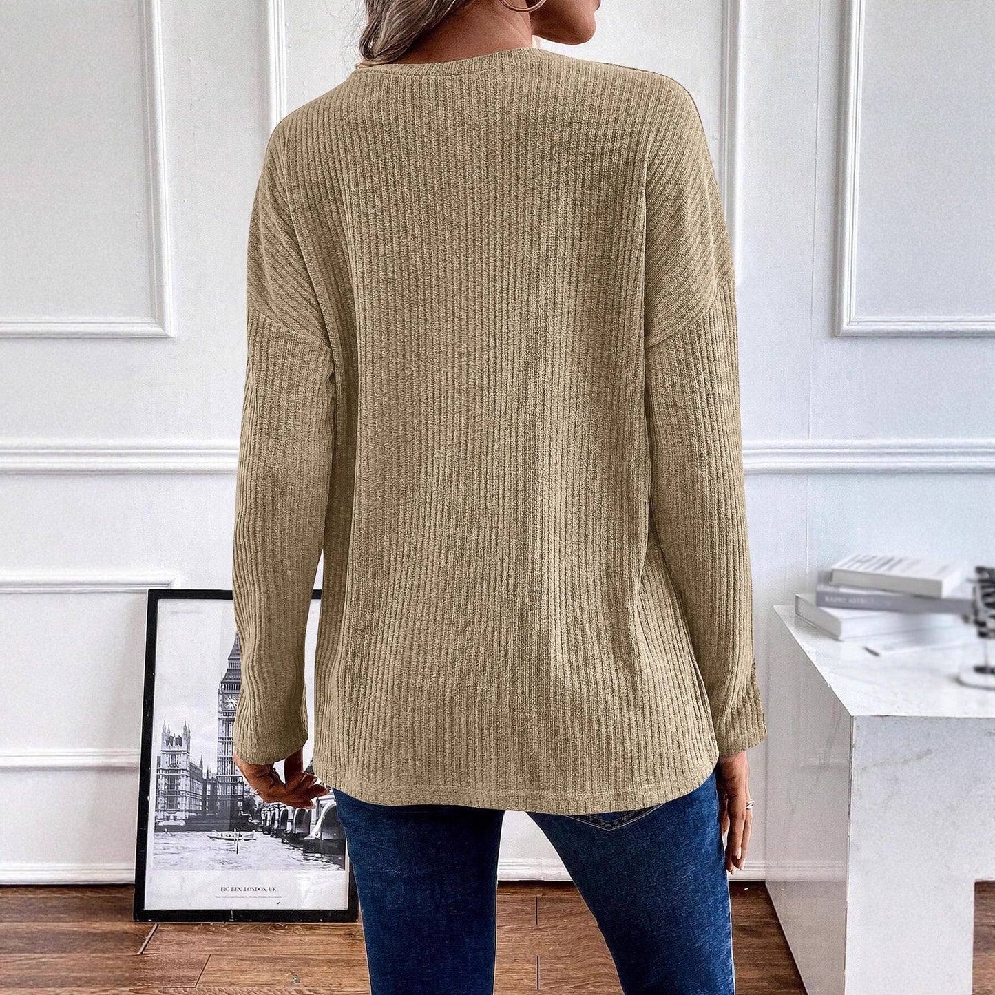 Women's casual ribbed sweater with button placket and 3/4 sleeves NOVAE