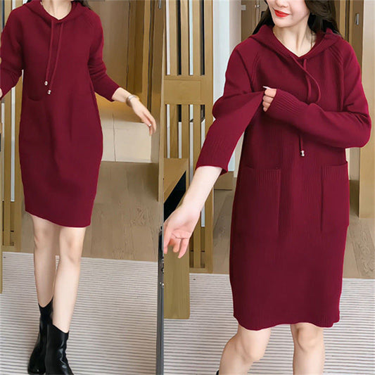 Women's knitted dress with hood and practical pockets NOVAE