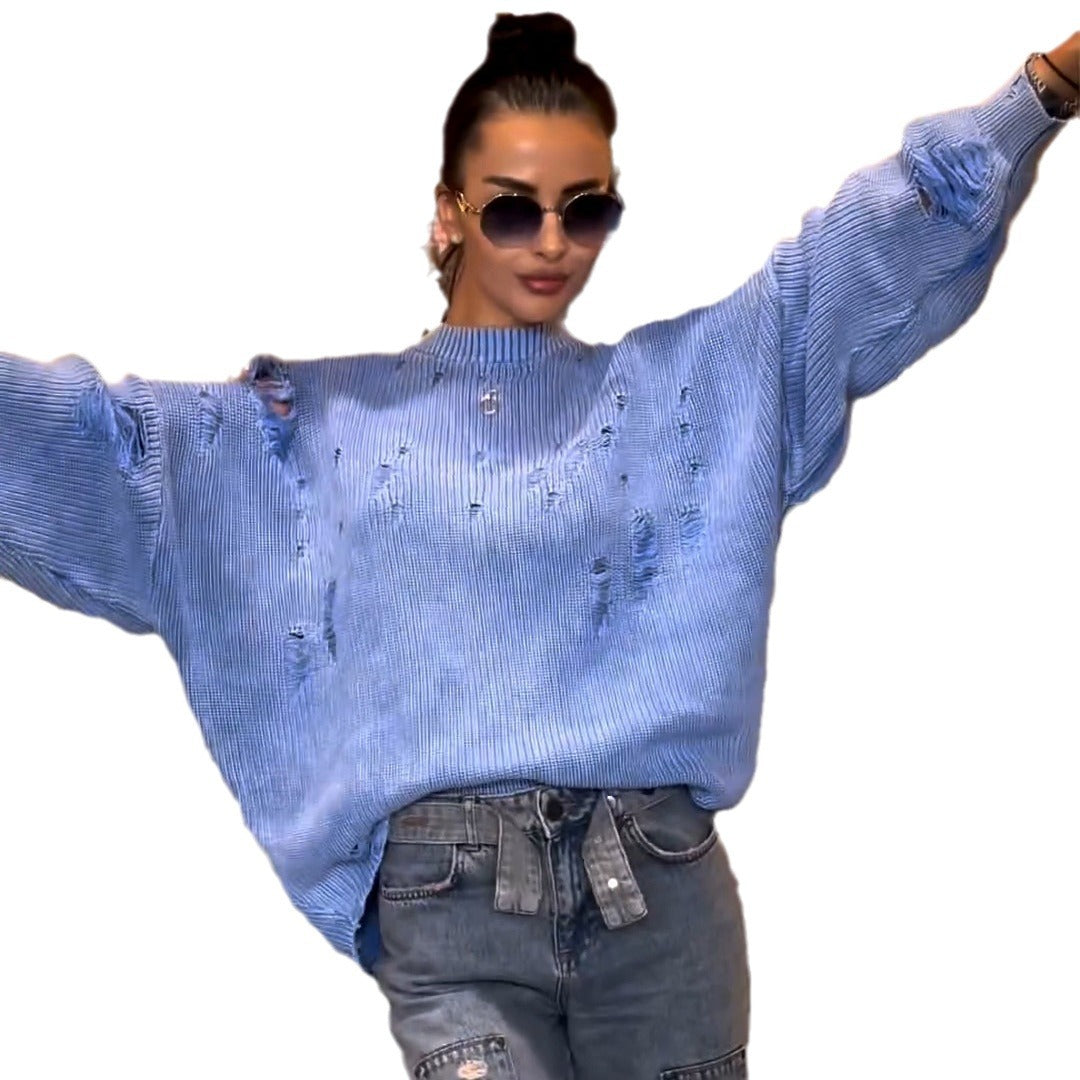Women's casual sweater with fashionable ripped design and voluminous sleeves NOVAE