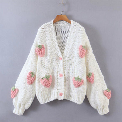 Women's cardigan with strawberry appliqués and button closure NOVAE