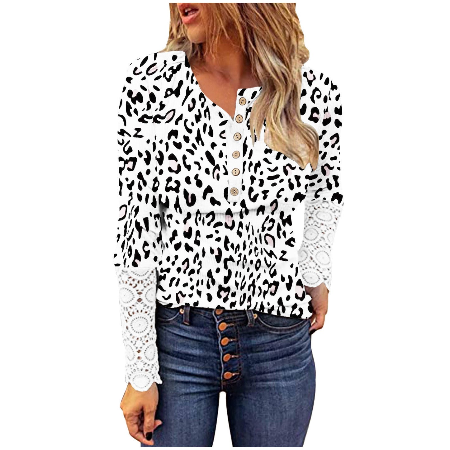Women's long-sleeved T-shirt with lace and modern leopard print NOVAE