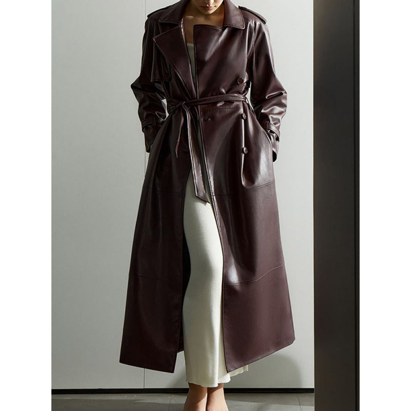 Women's fashionable faux leather trench coat with belt and practical pockets NOVAE